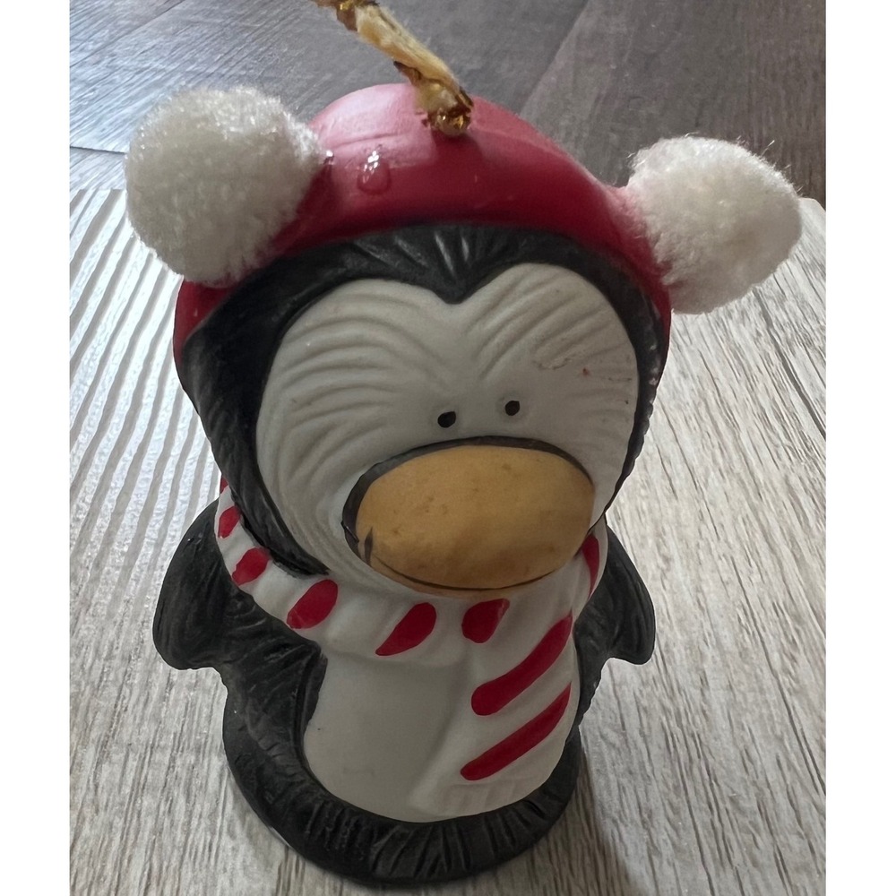 Vintage Jasco Ceramic Penguin Bell Ornament Christmas Red Hat Scarf Figurine